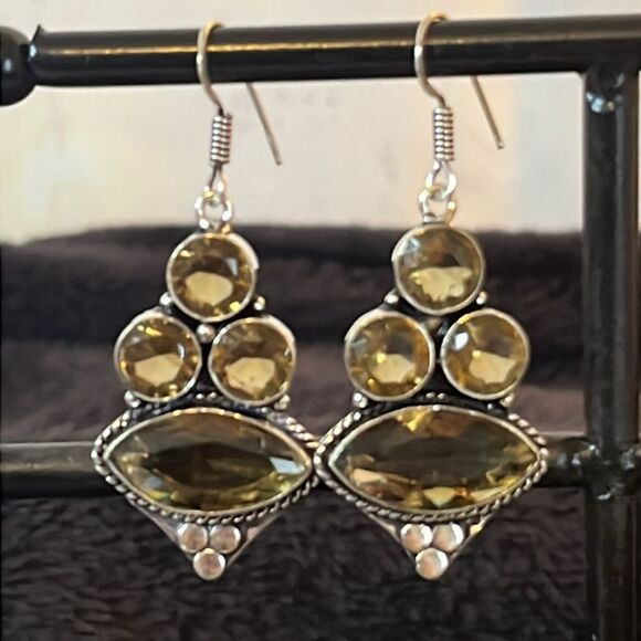 NWT NATURALSMOKY CITRINE DANGLE EARRINGS 925 STERLING SILVER 50carats. - Picture 1 of 11